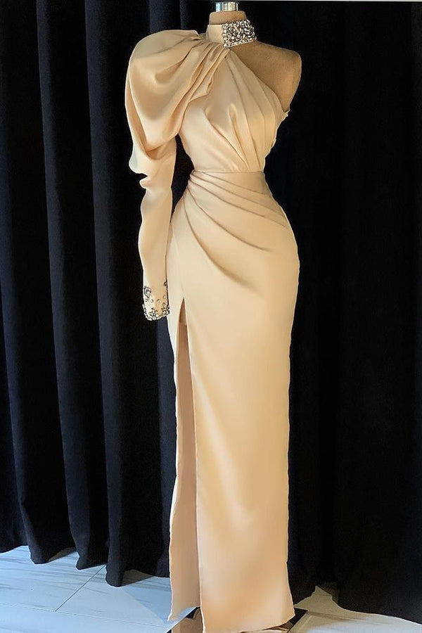 Modern High Neck Long Sleeve Crystal Prom Dress Mermaid With Split-Dbrbridal