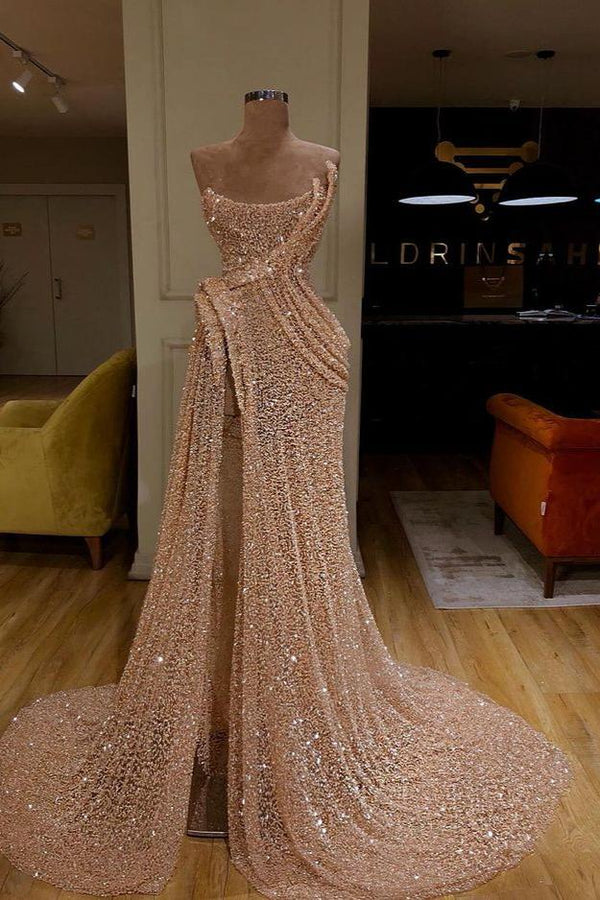 Modern Strapless Mermaid Prom Dress Long Split Sequins-Dbrbridal
