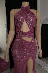 Modest Halter Pink Prom Dresses Sequins Sleeveless Long With Split-Dbrbridal