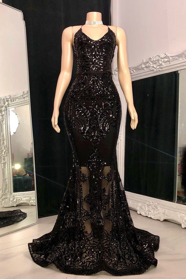 Modest Halter V-Neck Sleeveless Mermaid Prom Dress Sequins Long-Dbrbridal