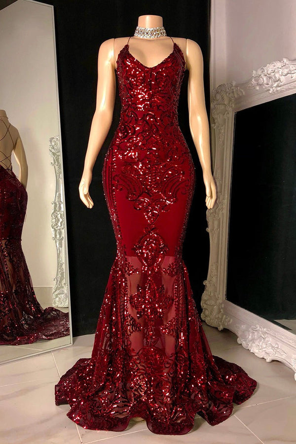 Modest Halter V-Neck Sleeveless Mermaid Prom Dress Sequins Long-Dbrbridal
