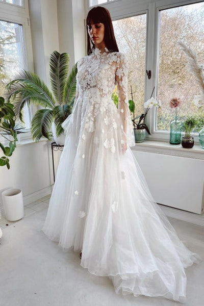 dresses with collars and long sleeves Modest High Collar Long Sleeves A-Line Lace Wedding Dresses with Chape –  Dbrbridal