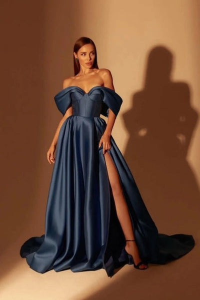 modest navy blue prom dresses Modest Long Navy Blue A-line Off-the-shoulder Evening Prom Dresseses W –  Dbrbridal