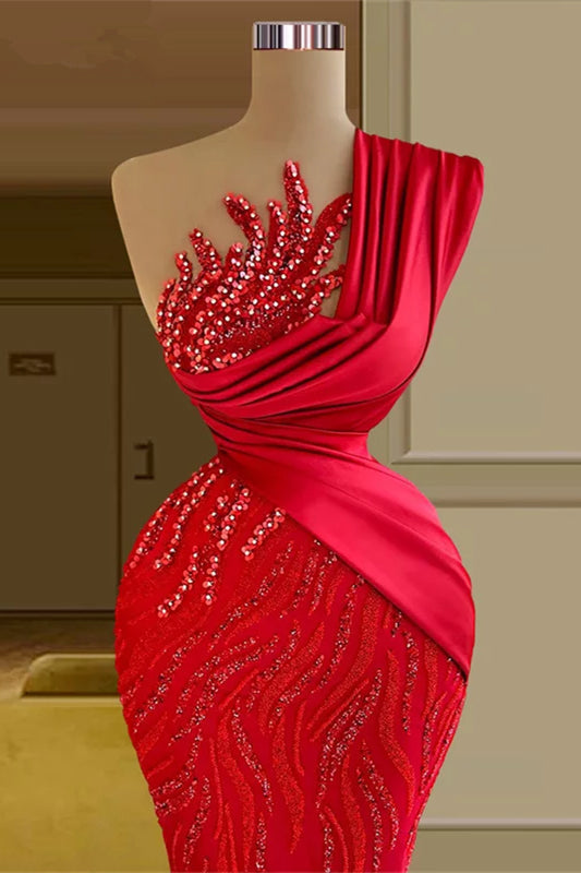 Modest Long Red Mermaid One Shoulder Lace Sequined Sleeveless Prom Dress-Dbrbridal