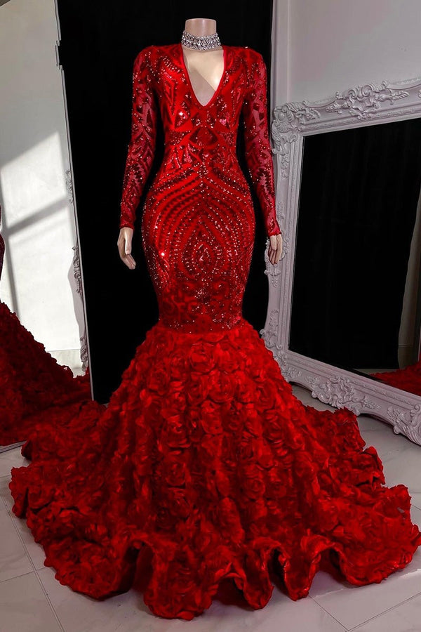 Modest Long Sleeves Sequins Prom Dress Mermaid V-Neck With Flowers Bottom-Dbrbridal