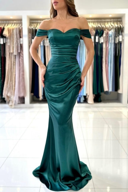 Modest Modest Long Dark Green Off-the-shoulder Mermaid Sleeveless Evening Gown-Dbrbridal