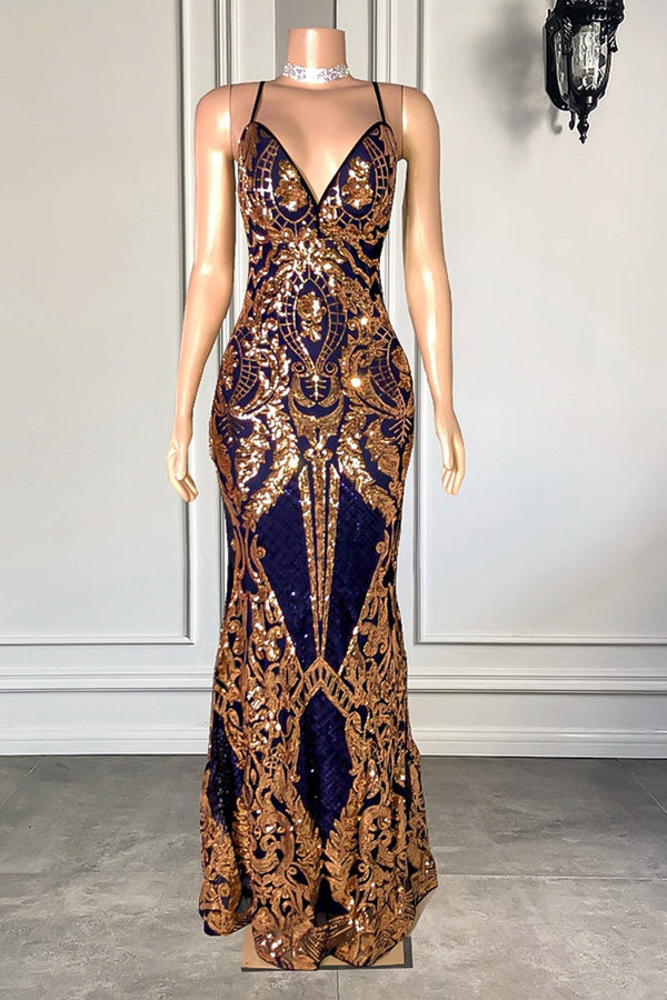 Modest Spaghetti-Straps Sequins Mermaid Prom Dresses Long V-Neck-Dbrbridal