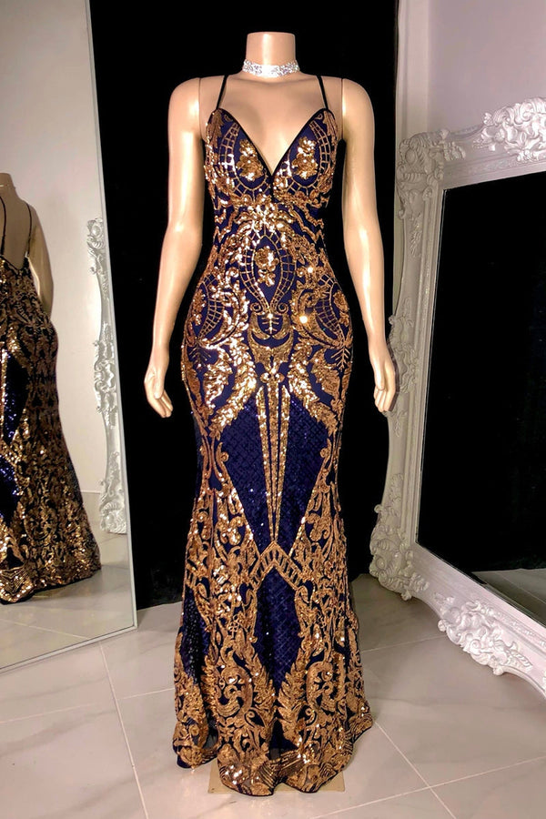 Modest Spaghetti-Straps Sequins Mermaid Prom Dresses Long V-Neck-Dbrbridal