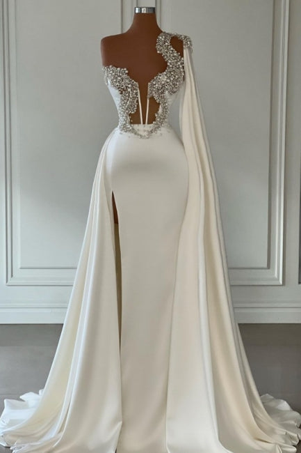 Modest White A-line One Shoulder Long Glitter Evening Prom Dresseses With Split Online-Dbrbridal