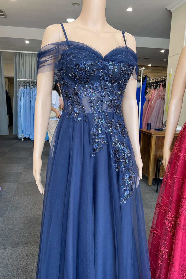 Navy Blue Spaghetti-Straps Off-The-Shoulder Sweetheart A-Line Prom Dress Featuring Appliques-Dbrbridal