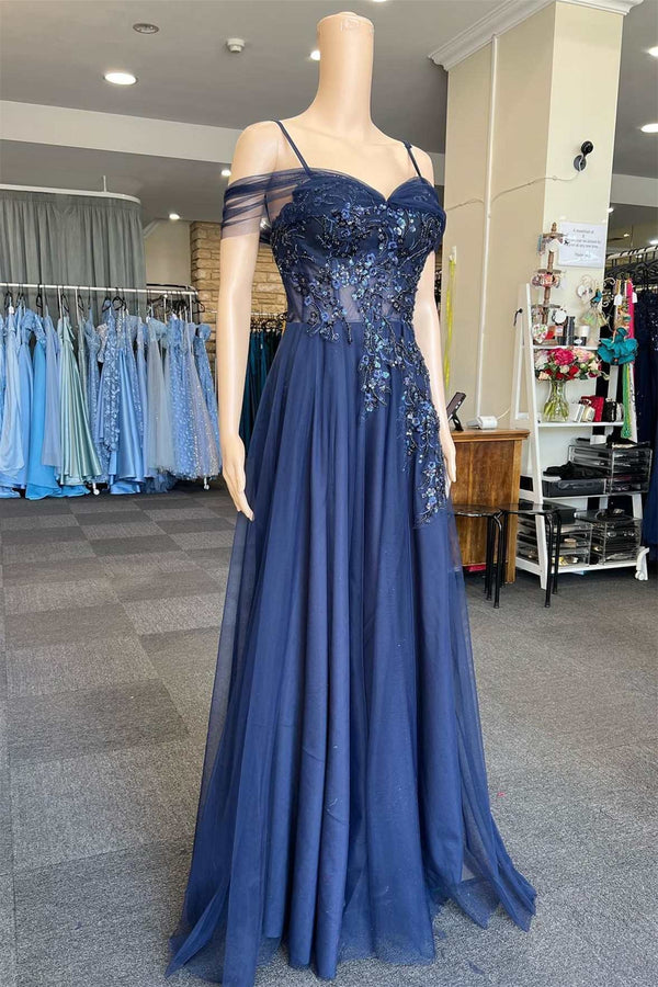 Navy Blue Spaghetti-Straps Off-The-Shoulder Sweetheart A-Line Prom Dress Featuring Appliques-Dbrbridal