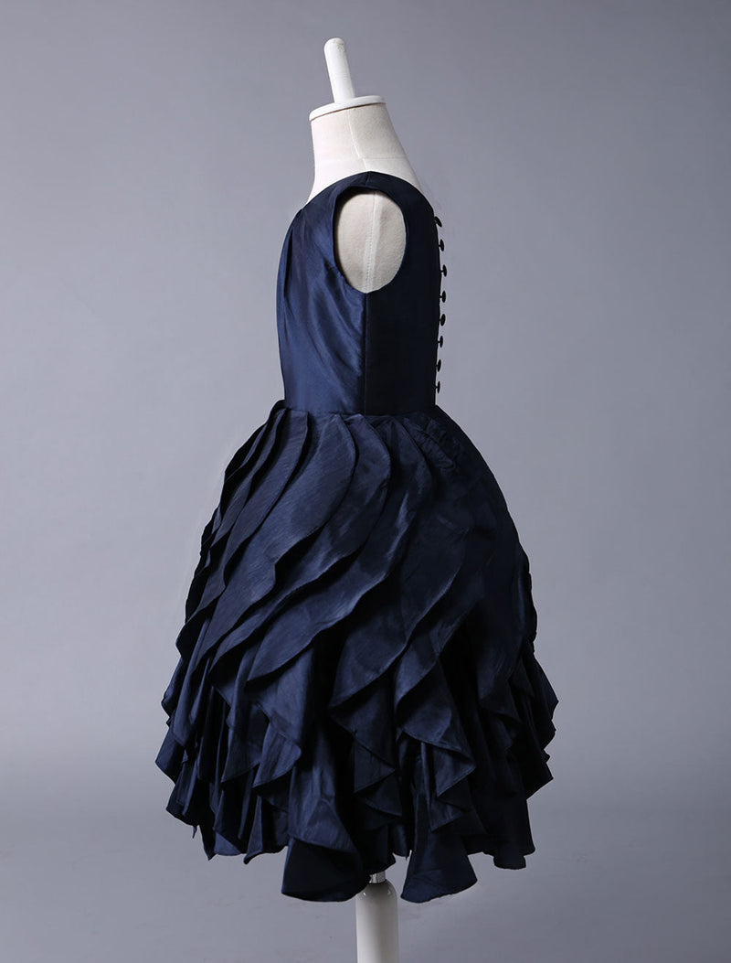 Navy Blue Taffeta flower girl dress With Ruffle Skirt-Dbrbridal