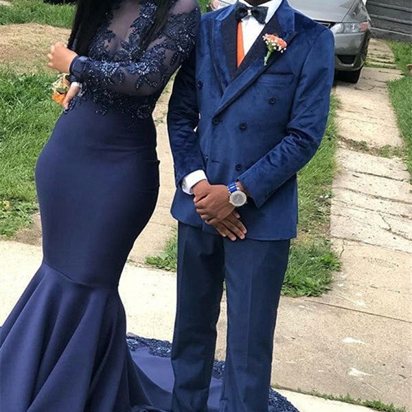 Navy Blue Velvet Men Suit Peaked Lapel Double Breasted Prom Suit