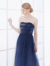 Navy Blue Wedding Dresses Strapless Sleeveless Lace Up Natural Waist Floor Length Lace Tulle Bridal Gown-Dbrbridal