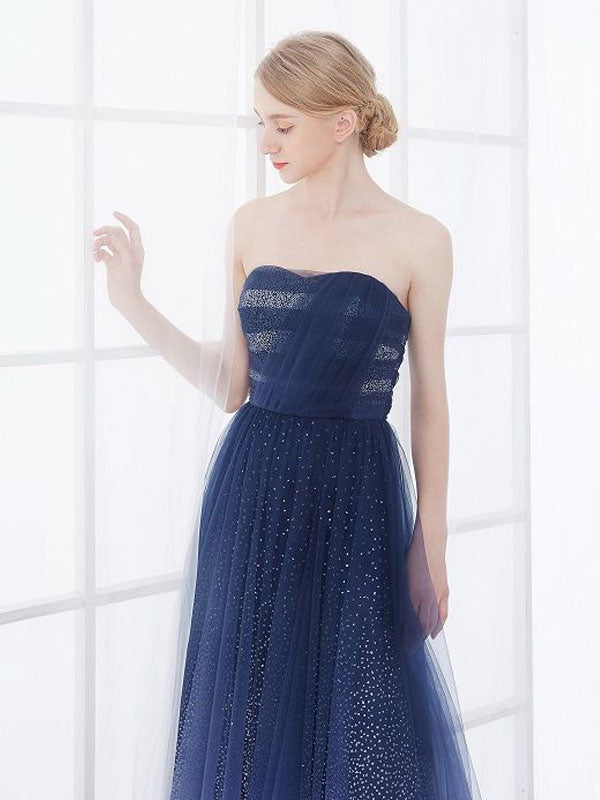 Navy Blue Wedding Dresses Strapless Sleeveless Lace Up Natural Waist Floor Length Lace Tulle Bridal Gown-Dbrbridal