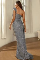 New Arrival Gray One Shoulder Sequins Evening Dress Long Mermaid With Ruffle-Dbrbridal