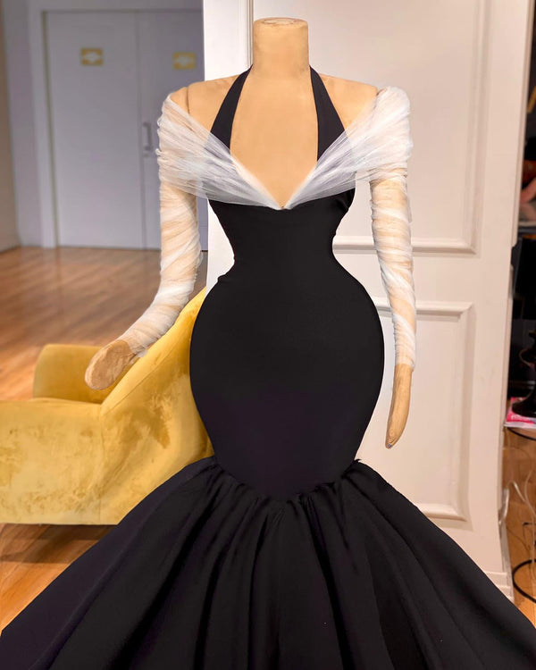 New Arrival Long Sleeves Halter Mermaid Evening Party Gowns With Ruffles Long-Dbrbridal