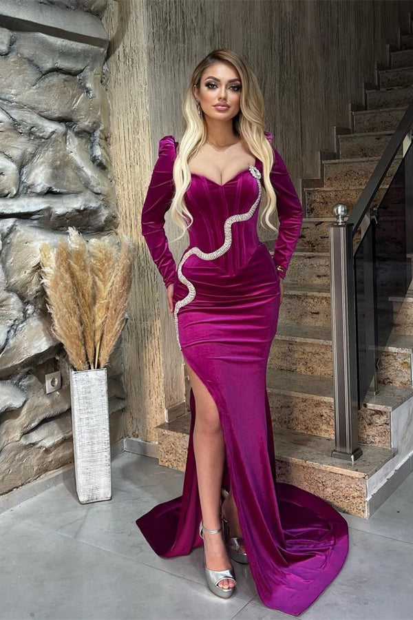 New Arrival Sweetheart Long Sleeves Mermaid Evening Party Gowns Long Slit Online-Dbrbridal