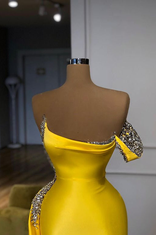New Bright Yellow Mentallic Sequins Overskirt Prom Dress One shoulder-Dbrbridal