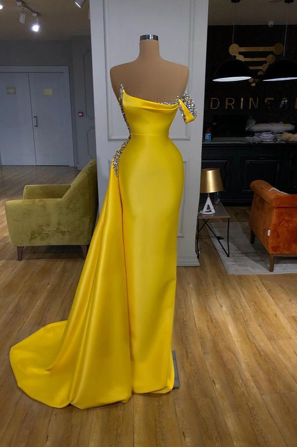 New Bright Yellow Mentallic Sequins Overskirt Prom Dress One shoulder-Dbrbridal