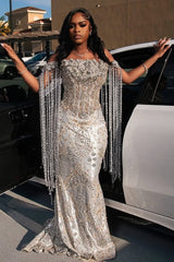 Sparkle Silver Off-the-shoulder Mermaid Court Train Tassels Wedding Dresses