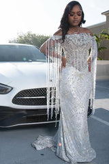 Sparkle Silver Off-the-shoulder Mermaid Court Train Tassels Wedding Dresses