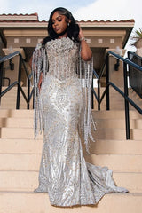 Sparkle Silver Off-the-shoulder Mermaid Court Train Tassels Wedding Dresses