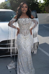 Sparkle Silver Off-the-shoulder Mermaid Court Train Tassels Wedding Dresses