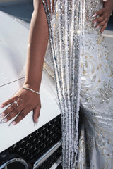 Sparkle Silver Off-the-shoulder Mermaid Court Train Tassels Wedding Dresses