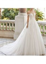 Off-The-Shoulder Ball-Gown Wedding Dresses Short Sleeves Tulle Lace Appliques-Dbrbridal