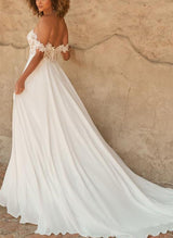 Off-The-Shoulder Boho Garden Lace Chic A-line Wedding Dresses Split Front-Dbrbridal