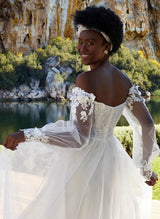 Off-the-Shoulder Boho Garden Lace Long Sleeves Wedding Dresses-Dbrbridal