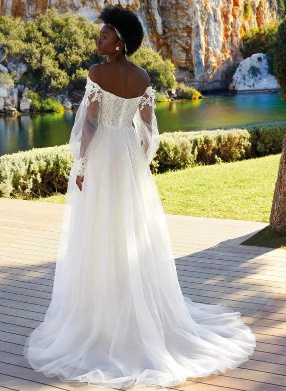 Off-the-Shoulder Boho Garden Lace Long Sleeves Wedding Dresses-Dbrbridal