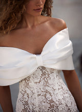 Off-The-Shoulder Boho Garden Lace Wedding Dresses Bows-Dbrbridal