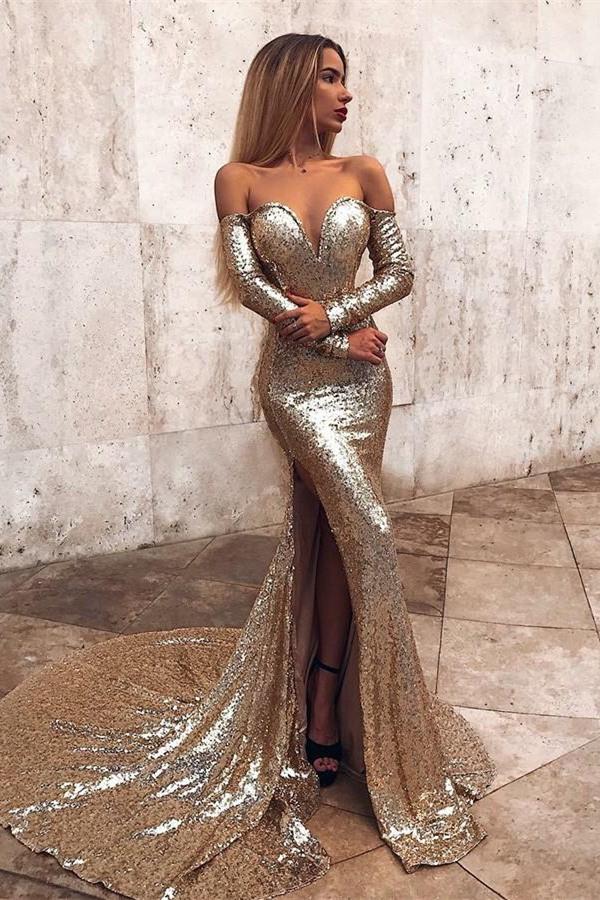 Off-the-Shoulder Champagne Sequins Prom Dresses Chic Long Sleevess Split Evening Gowns-Dbrbridal
