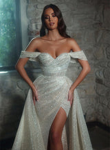 Off-the-Shoulder Chapel Train Sequined Wedding Dresses Split FrontMermaid Fitted-Dbrbridal