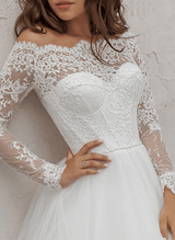 Off-The-Shoulder Chic A-line Wedding Dress Long Sleeves Lace Tulle Material Appliques-Dbrbridal