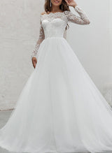 Off-The-Shoulder Chic A-line Wedding Dress Long Sleeves Lace Tulle Material Appliques-Dbrbridal