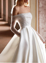 Off-The-Shoulder Chic A-line Wedding Dress Long Sleeves Pockets Featuring Sequins-Dbrbridal