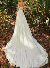 Off-The-Shoulder Chiffon Lace Wedding Dresses High Split-Dbrbridal