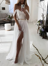 Off-The-Shoulder Chiffon Wedding Dress Chic A-line Sweep Train-Dbrbridal