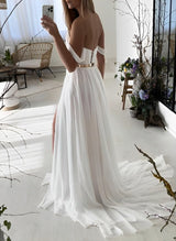Off-The-Shoulder Chiffon Wedding Dress Chic A-line Sweep Train-Dbrbridal