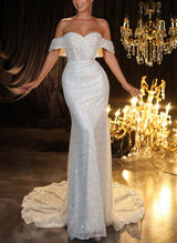 Off-The-Shoulder Detachable Sequined Mermaid Fitted Wedding Dresses-Dbrbridal