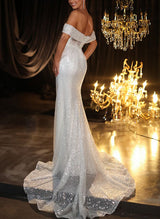 Off-The-Shoulder Detachable Sequined Mermaid Fitted Wedding Dresses-Dbrbridal