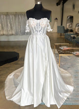 Off-The-Shoulder Elegant Sweetheart Lace Satin Wedding Dresses Split Front-Dbrbridal
