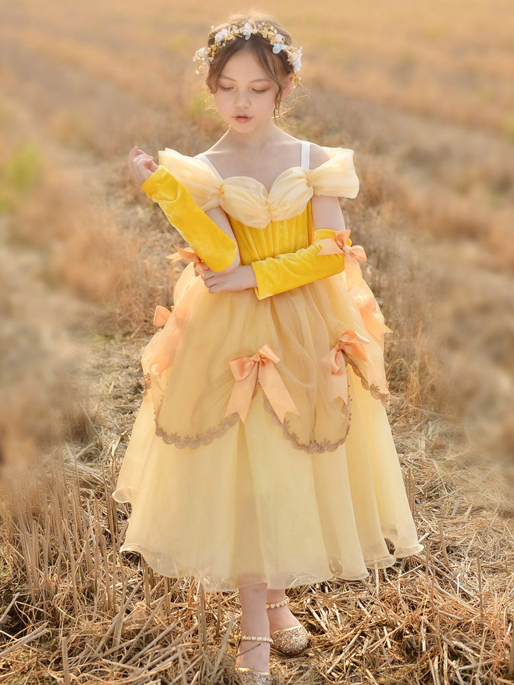 Off The Shoulder Korean Velvet Sleeveless Ankle Length A-line Pleated Formal Kids Princess Dresses-Dbrbridal