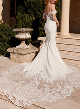 Off-The-Shoulder Lace Elastic Satin Mermaid Fitted Wedding Dresses-Dbrbridal