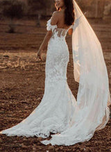 Off The Shoulder Lace Mermaid Fitted Wedding Dress Appliques Lace Sweep Train-Dbrbridal