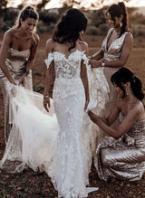Off The Shoulder Lace Mermaid Fitted Wedding Dress Appliques Lace Sweep Train-Dbrbridal