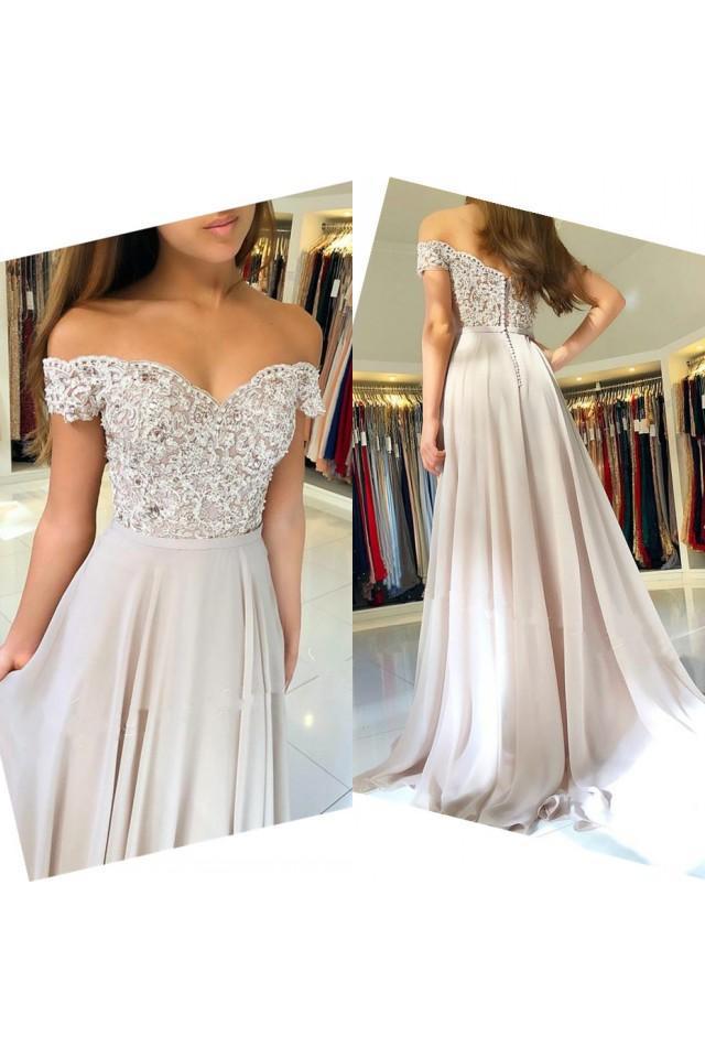 Off-the-Shoulder Lace Prom Dresses Online Sheer Tulle Chiffon Long Formal Evening Gowns with Buttons-Dbrbridal